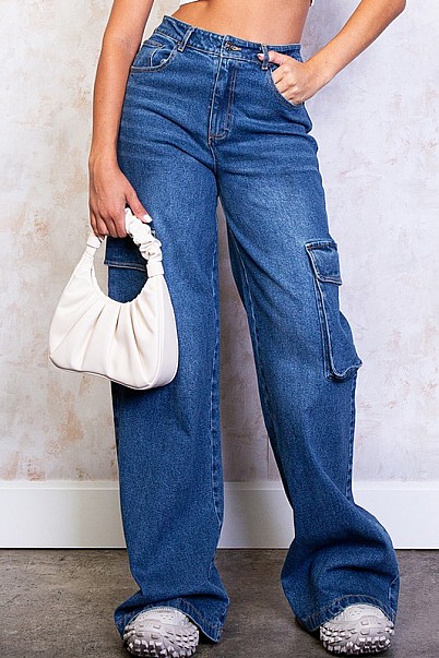 WIDE LEGS STAR PATCHWORK CARGO DENIM JEANS