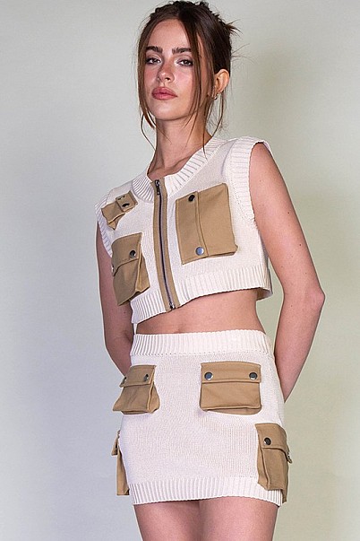 TWO PIECE KNIT TOP SKIRT SET WITH CARGO POCKETS