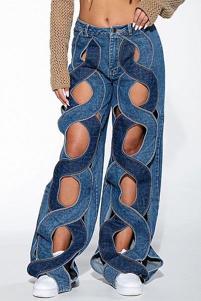 ASYMMETRICAL OPEN FRONT WIDE LEGS DENIM JEANS