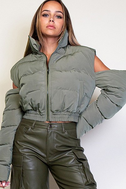 COLD SHOULDER ZIP UP FRONT PUFFER JACKET