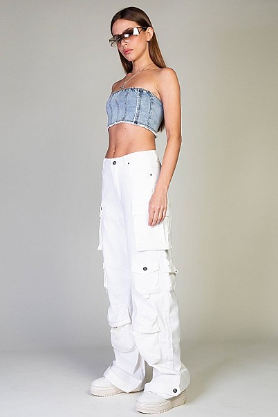 STRAIGHT FIT CARGO TWILL DENIM PANTS WITH POCKETS