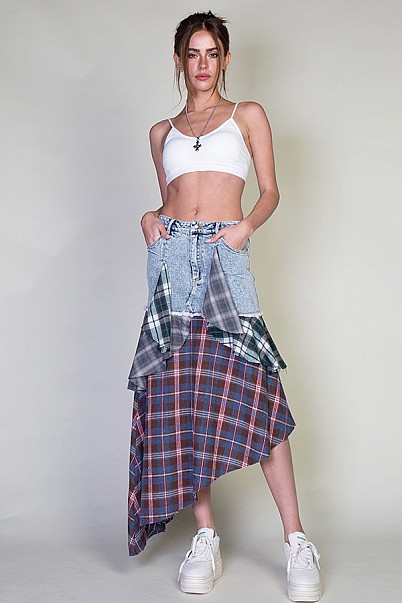 ASYMMETRIC DENIM MIDI SKIRT WITH PLAID PATCHES