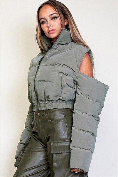 COLD SHOULDER ZIP UP FRONT PUFFER JACKET