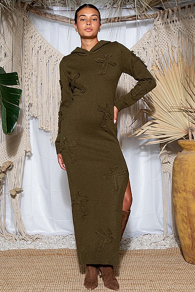 HOODED KNIT SWEATER DRESS WITH CROSS PATCH