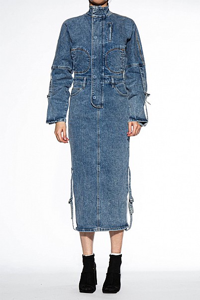 ACID POINT COLLAR DENIM MIDI DRESS