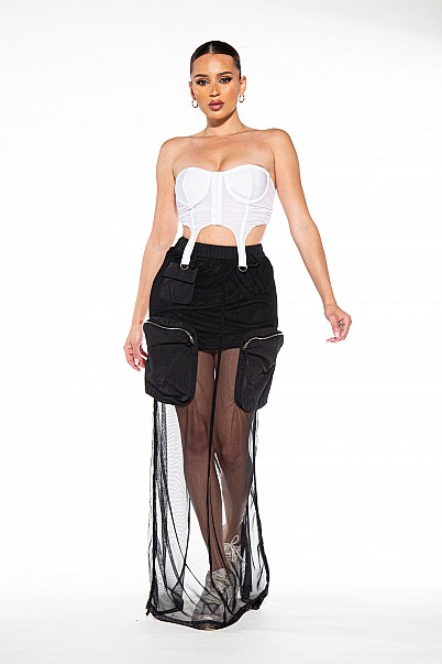 CAMO PRINT CARGO MESH MAXI SKIRT