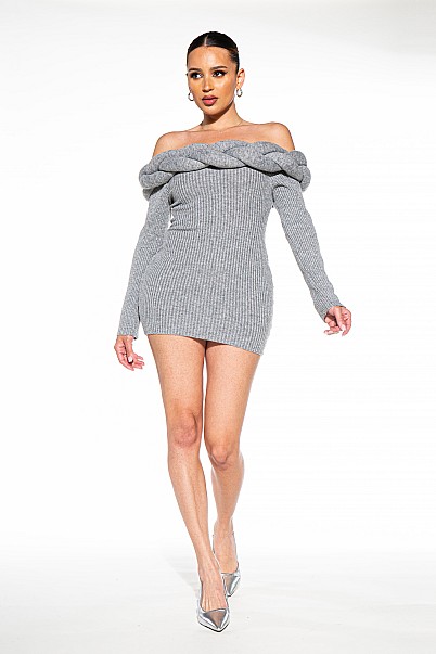 BRAIDED OFF SHOULDER SWEATER KNIT MINI DRESS
