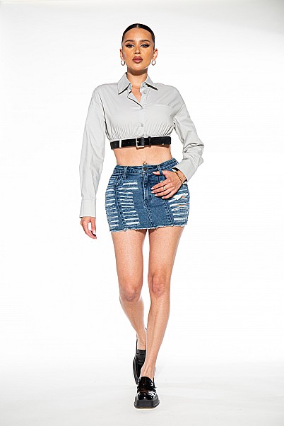 MID RISE RIPPED FRAYED DENIM JEAN MINI SKIRT