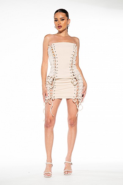 TWO PIECE CUTOUT LACE UP TUBE TOP MINI SKIRT SET