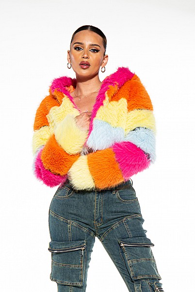 MULTI-COLOURED STRIPE FAX FUR JACKET