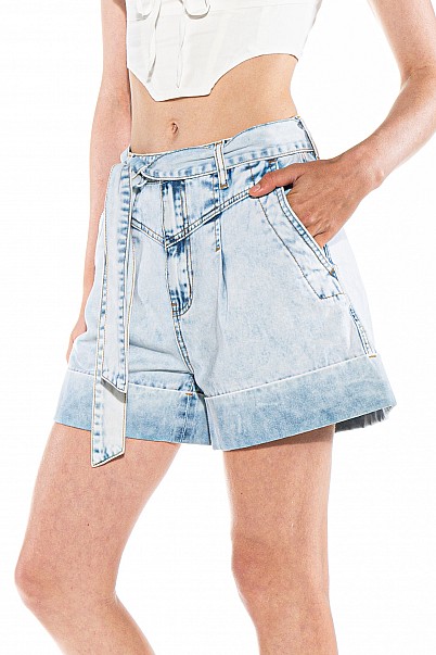 High-Waist Pocketed Denim Shorts with Self-Belt