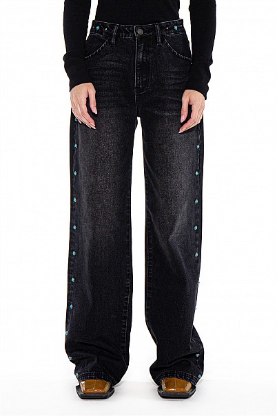 TURQUOISE STUDDED WIDE-LEG JEANS