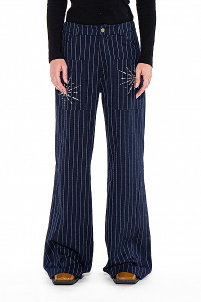 PINSTRIPE PEARL-EMBELLISHED WIDE-LEG PANTS