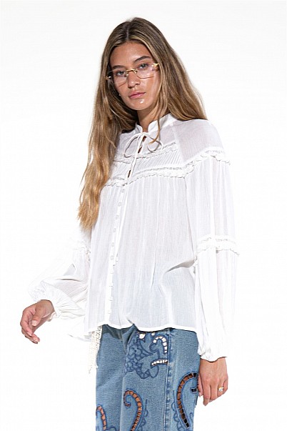 WILLOW WHISPER PLEATED FRINGE BLOUSE