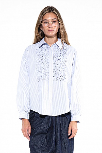 RUFFLE FRONT PINSTRIPE BUTTON-UP SHIRT