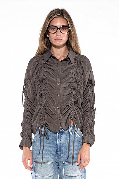 RUCHED DRAWSTRING BUTTON-UP SHIRT