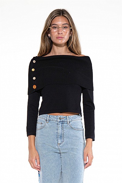 BUTTON DETAIL OFF-SHOULDER KNIT TOP
