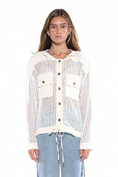 SHEER STRIPED BUTTON-UP HOODED JACKET