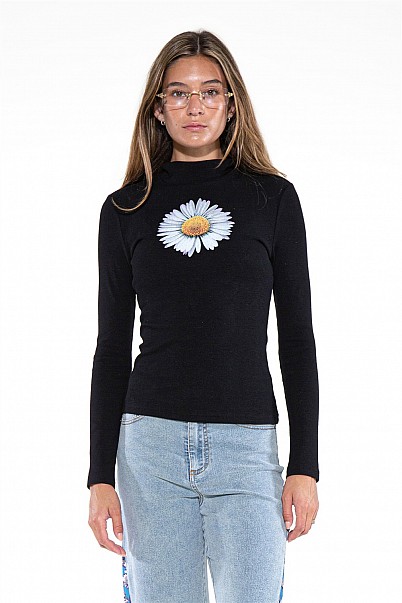 DAISY GRAPHIC MOCK NECK KNIT TOP