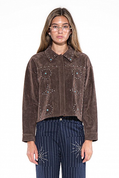 STUDDED FAUX SUEDE JACKET WITH TURQUOISE ACCENTS