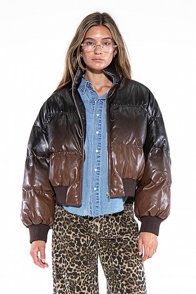MOCHA FADE FAUX LEATHER PUFFER JACKET