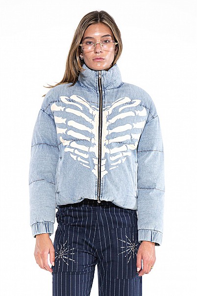 SKELETON HEART GRAPHIC DENIM PUFFER JACKET
