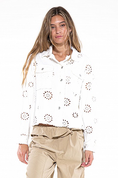 EYELET EMBROIDERED CROPPED JACKET