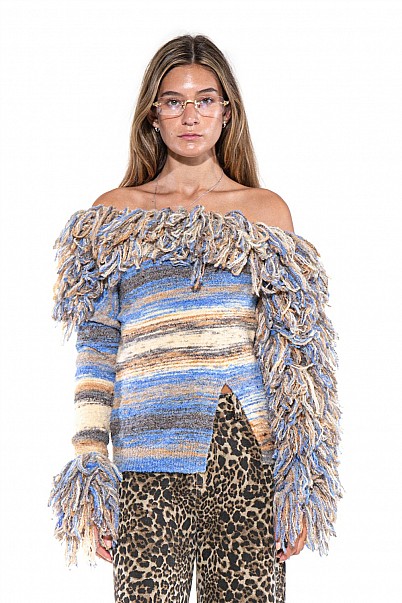 FRINGE HORIZON OFF-SHOULDER SWEATER