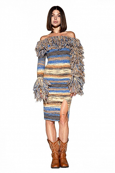 FRINGE HORIZON KNIT OFF-SHOULDER MIDI SWEATER DRESS