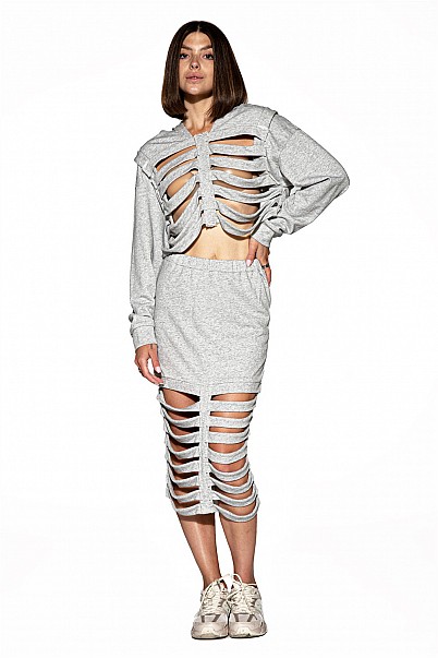 SHREDDED CUTOUT HOODIE & SKIRT SET