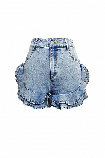 RUFFLE HIP DENIM MINI SHORTS