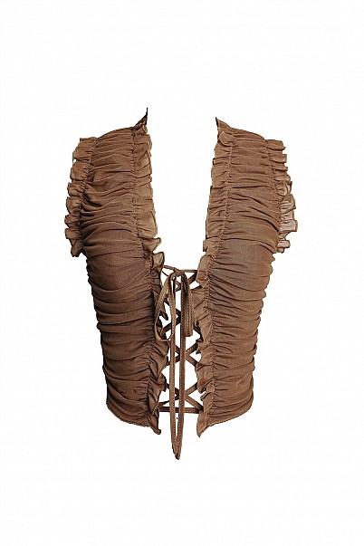 RUCHED LACE-UP MESH VEST TOP