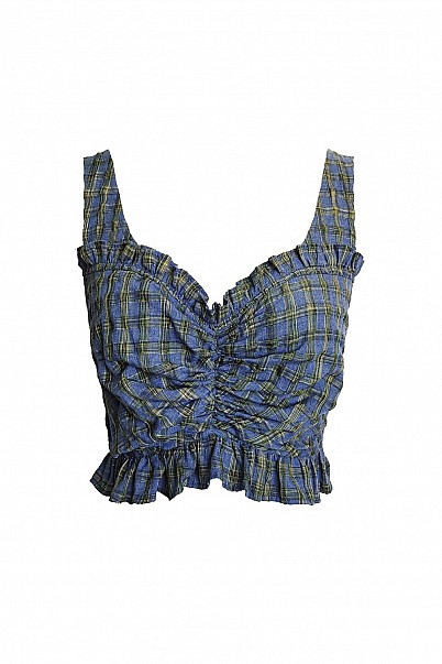 BLUE PLAID SMOCKED RUFFLE CROP TOP