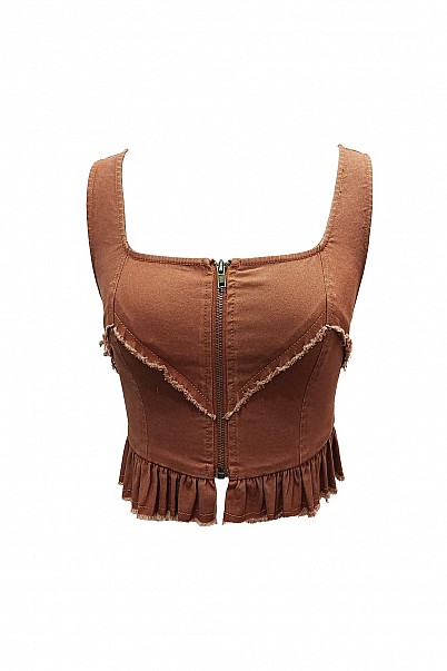 RAW EDGE ZIP-FRONT CORSET TOP