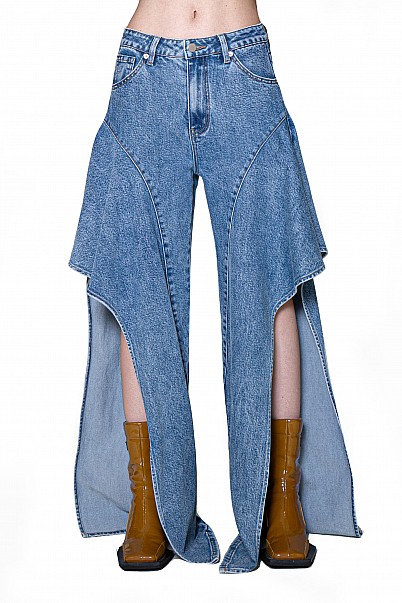WATERFALL DRAPED FLARE DENIM PANT