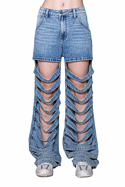 LADDER-CUT CAGE DENIM PANTS