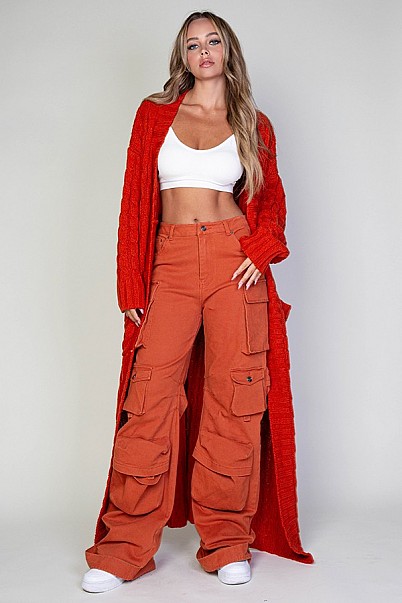 OPEN FRONT CABLE KNITTED SWEATER MAXI CARDIGAN