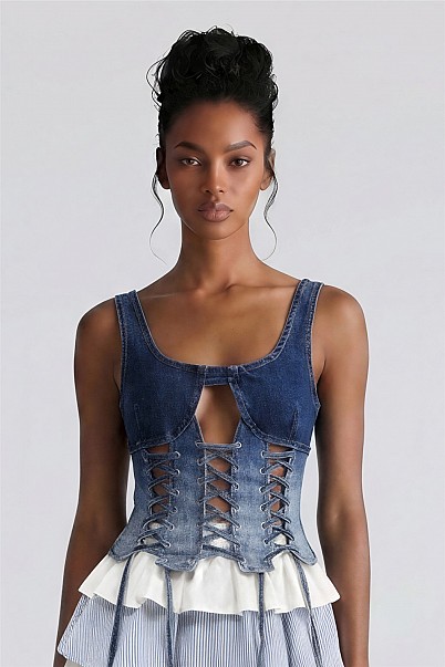 REBEL STITCH LACE-UP DENIM CORSET TOP
