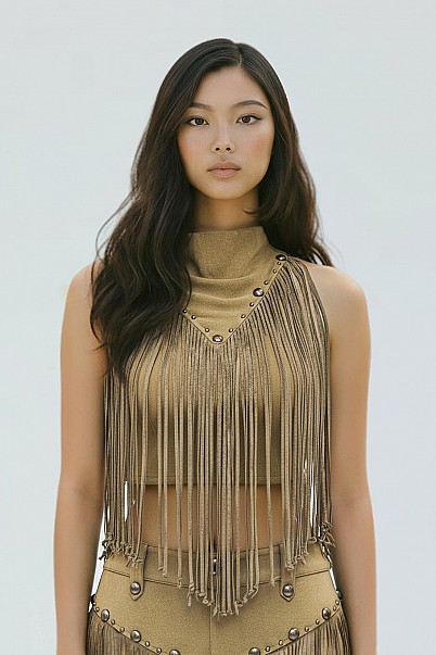 DESERT DRIFT FRINGE MOCK NECK CROP TOP