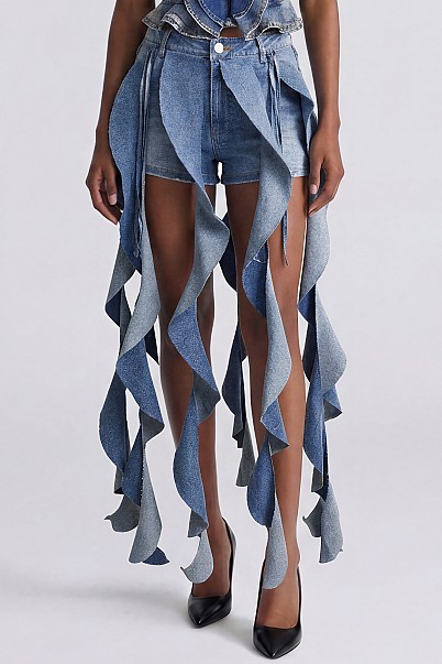 CASCADE SPIRAL FRINGE DENIM SHORTS