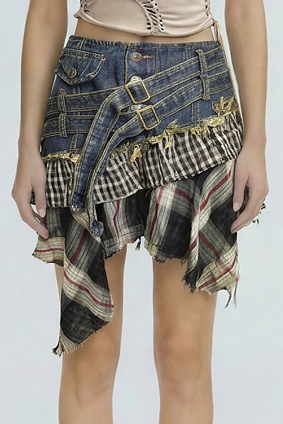 REBEL PATCHWORK ASYM DENIM SKORT