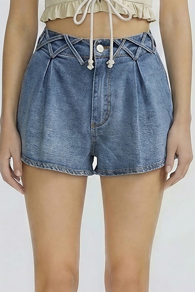 Frontier Pleated Denim Shorts