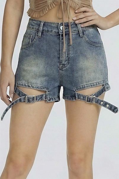 OUTLAW BUCKLE CUTOUT DENIM SHORTS