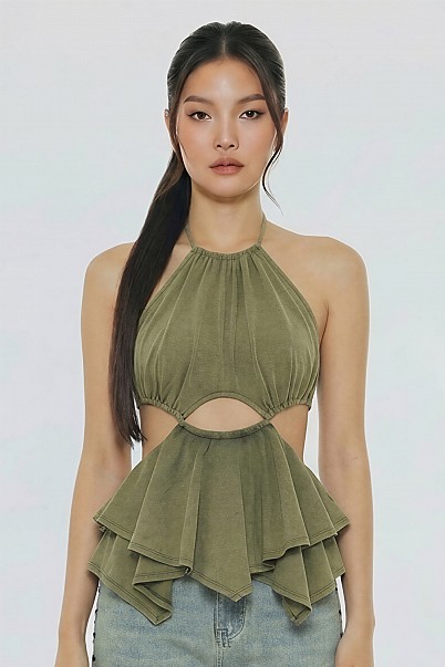 Sage Mirage Halter Ruffle Top
