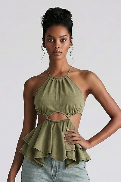 Sage Mirage Halter Ruffle Top