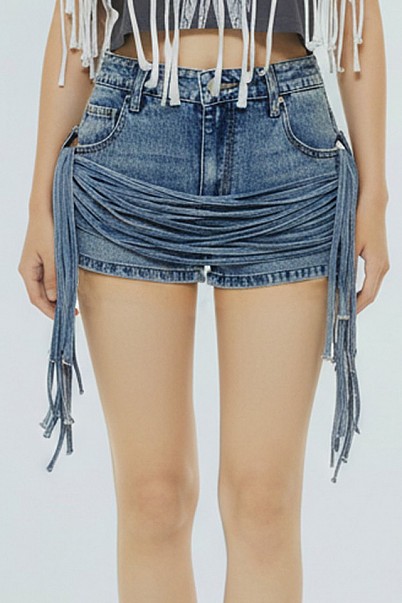 WRAPPED STRAP FRINGE DENIM SHORTS
